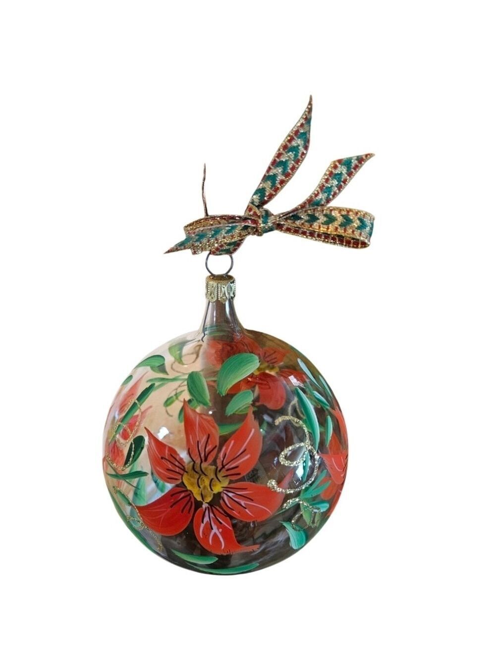 Handmade Glass Christmas ornaments red Pointesetta flower gold glitter holiday
